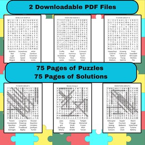 May include: A colorful image featuring two downloadable PDF files, 75 pages of puzzles, and 75 pages of solutions. The image includes lists of TV shows, movies, inventions, and food items, all presented in a grid format.