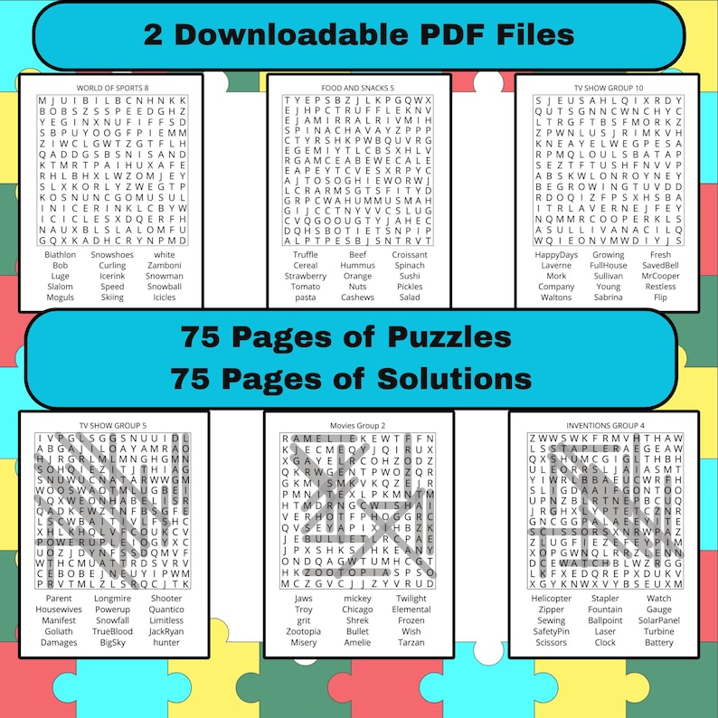 May include: A colorful image featuring two downloadable PDF files, 75 pages of puzzles, and 75 pages of solutions. The image includes lists of TV shows, movies, inventions, and food items, all presented in a grid format.