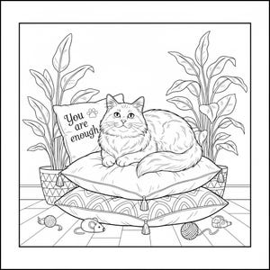 May include: Black and white illustration of a fluffy cat resting on two decorative pillows. The top pillow has the text "You are enough". Potted plants flank the cat. Cat toys are scattered on the floor.