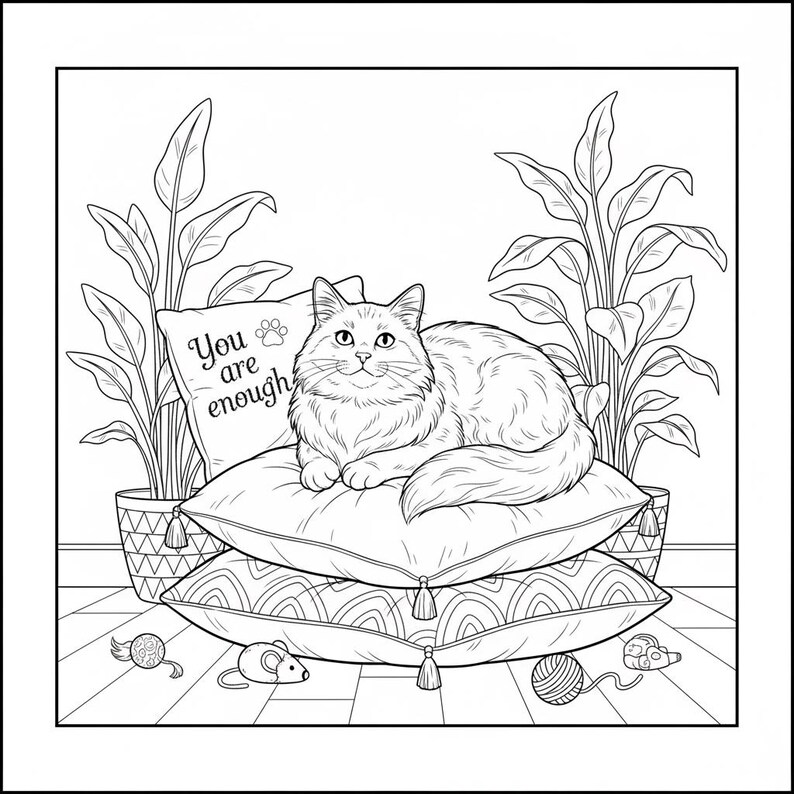 May include: Black and white illustration of a fluffy cat resting on two decorative pillows. The top pillow has the text "You are enough". Potted plants flank the cat. Cat toys are scattered on the floor.