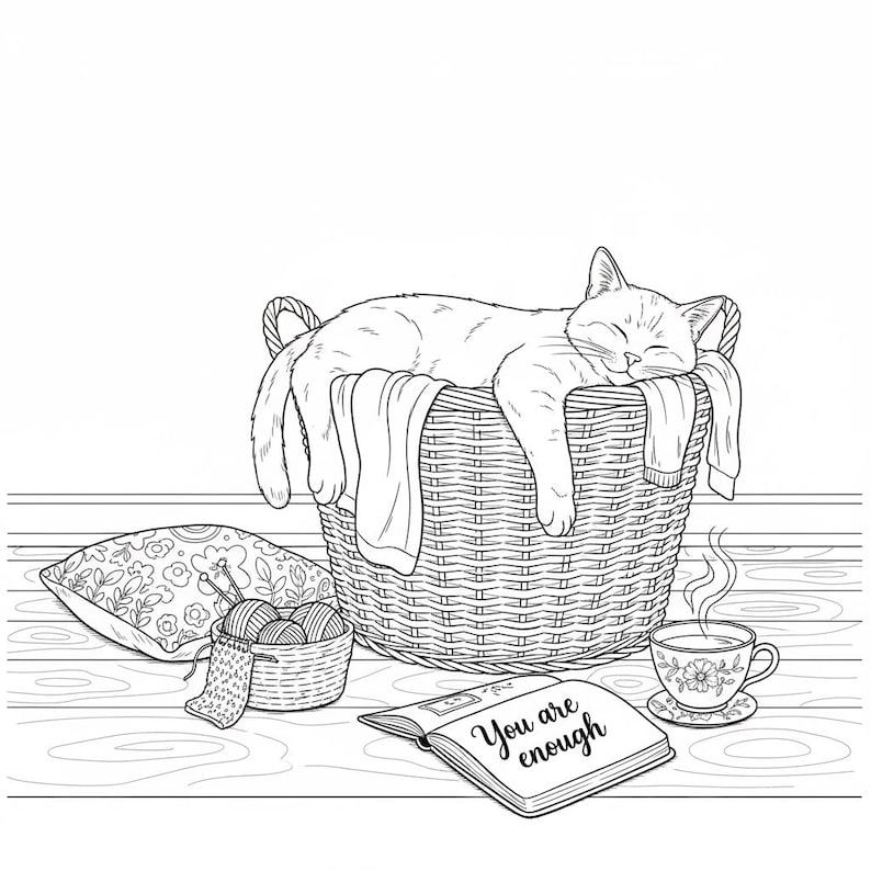 May include: A black and white illustration of a cat sleeping in a wicker basket with a blanket. A pillow, yarn, a book with the text "You are enough", and a cup of tea are also present. The scene evokes a sense of comfort and relaxation.
