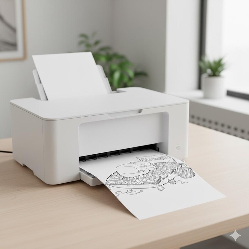 May include: A white inkjet printer on a light wood surface. A sheet of paper with a black and white cat illustration is being printed. Another blank sheet of paper is in the input tray. A small plant is visible in the background.