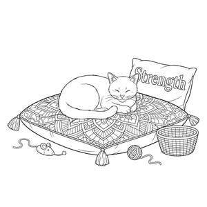 May include: A black and white illustration of a cat sleeping on a decorative pillow with tassels. A pillow with the word "Strength" is behind the cat. A toy mouse, a ball of yarn, and a basket are also in the image.