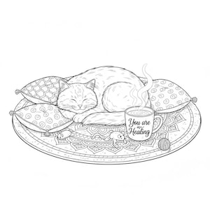 May include: A black and white illustration of a cat sleeping peacefully on a patterned rug, surrounded by pillows. A mug with the text "You are Healing" sits nearby, with steam rising from it. A ball of yarn and toy mice are also present.