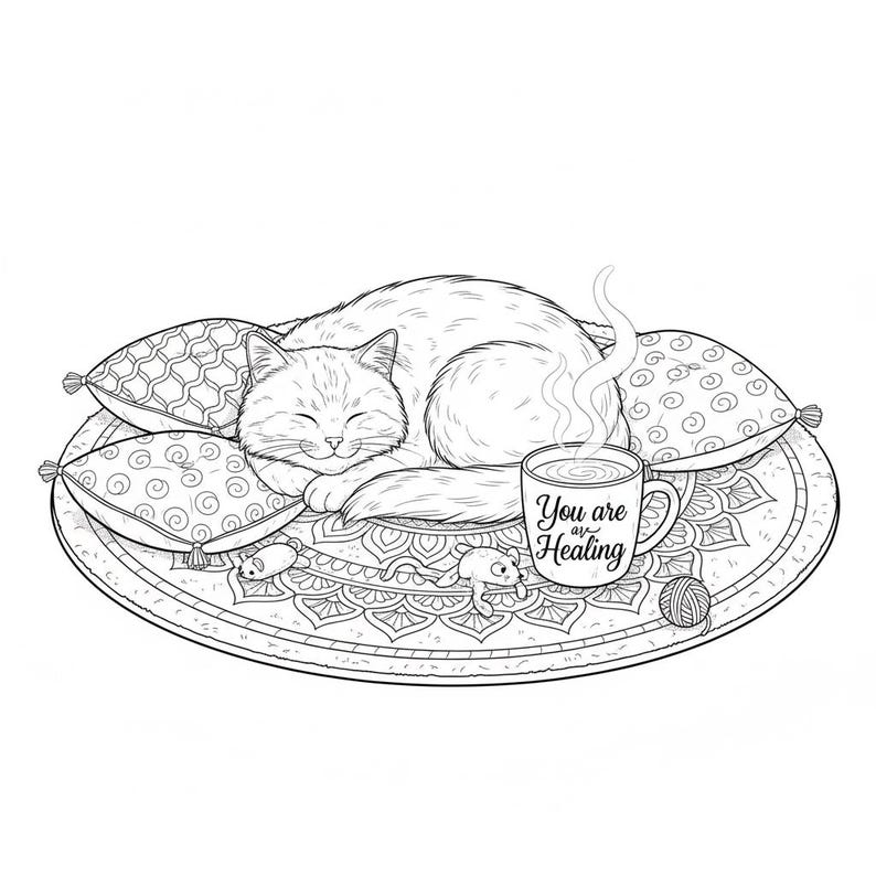 May include: A black and white illustration of a cat sleeping peacefully on a patterned rug, surrounded by pillows. A mug with the text "You are Healing" sits nearby, with steam rising from it. A ball of yarn and toy mice are also present.