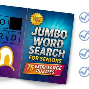 May include: A word search puzzle book for seniors. The cover features the words "WORD" and "RD" in a grid, with the title "JUMBO WORD SEARCH FOR SENIORS" and the text "75 EXTRA LARGE PUZZLES". Includes 75 jumbo printable puzzles.