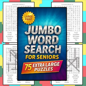 以下が含まれることがあります： 75個の特大パズルを備えた、高齢者向けのジャンボワードサーチパズルブック。表紙には、太字の大きな文字でタイトルが記載されており、「Large Print」と書かれた金色のシールが付いています。読みやすく、楽しめるように設計されています。