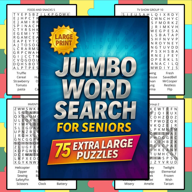 May include: A jumbo word search puzzle book for seniors with 75 extra large puzzles. The cover features the title in large, bold letters with a gold seal that says "Large Print". The puzzle book is designed for easy reading and enjoyment.