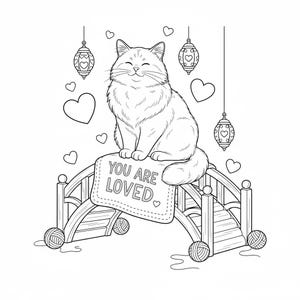 May include: A black and white illustration of a fluffy cat sitting on a wooden bridge. The bridge has yarn balls at each end and a sign that reads "YOU ARE LOVED." Hearts and decorative lanterns hang in the background.