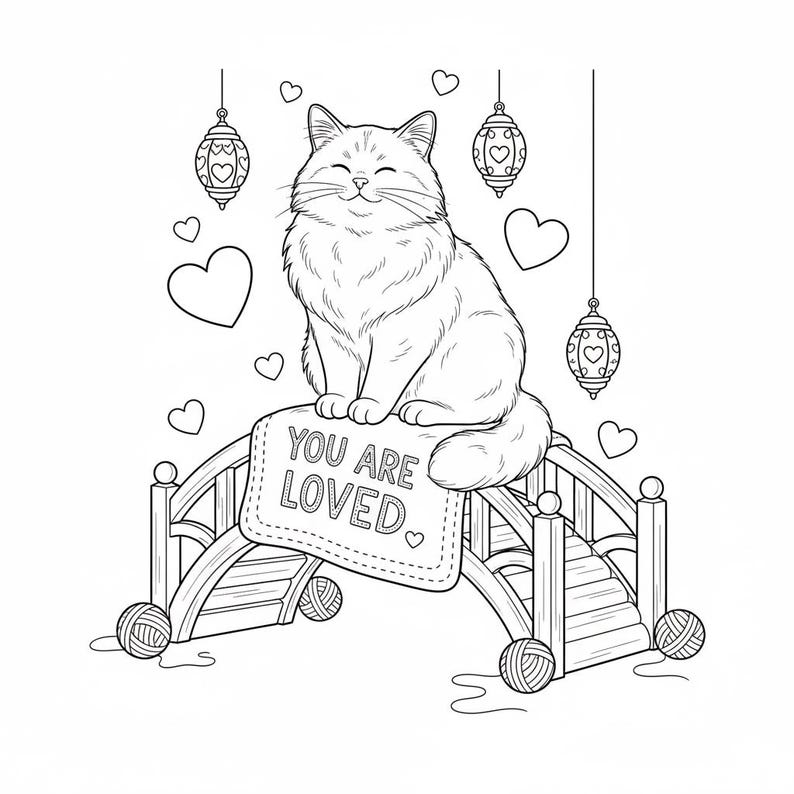 May include: A black and white illustration of a fluffy cat sitting on a wooden bridge. The bridge has yarn balls at each end and a sign that reads "YOU ARE LOVED." Hearts and decorative lanterns hang in the background.