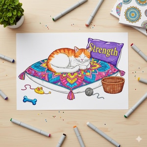 May include: A coloring page featuring a sleeping orange and white cat on a decorative pillow with the word "Strength". The pillow is surrounded by a mouse toy, a bone, a ball of yarn, and a basket. Gray markers are scattered around the page.