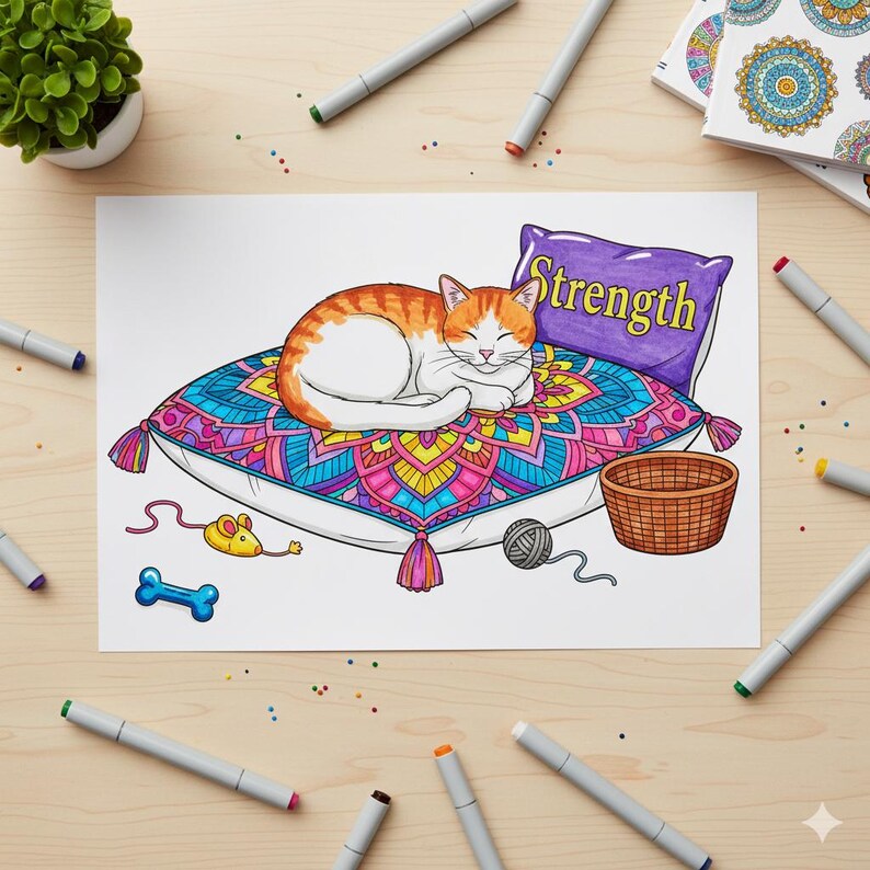May include: A coloring page featuring a sleeping orange and white cat on a decorative pillow with the word "Strength". The pillow is surrounded by a mouse toy, a bone, a ball of yarn, and a basket. Gray markers are scattered around the page.