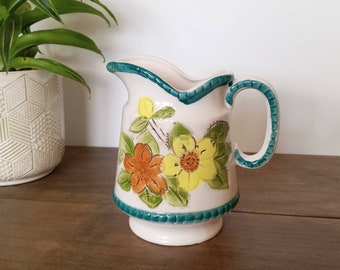 Vintage Teal and White Ceramic Floral Pitcher, Made in Japan, Yellow and Orange Flowers, Farmhouse Decor,  Cottagecore, Granny Chic