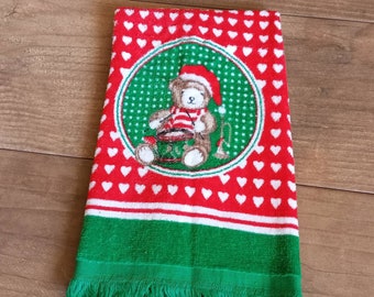 Vintage Christmas Drummer Bear Kitchen Towel, Dish Towel, Vintage Kitchen Decor, Cotton Towel, Hand Towel, Holiday Decor