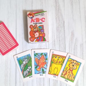 Tarjetas didácticas del abecedario vintage, tarjetas didácticas del alfabeto, juguetes educativos para niños, ilustraciones a color, década de 1980