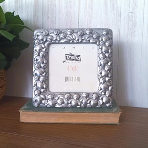 Vintage Silver Teddy Bear Picture Frame, Square Photo Frame, Tabletop Frame, Nursery, Child&#39;s Room, Baby Gift