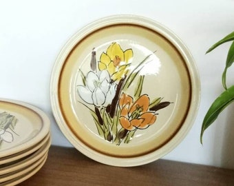 Vintage Floral Salad Plates, Ascons Stoneware, Set of 6, Adela Pattern, White Orange Yellow Brown, Boho Decor, Cottagecore, Farmhouse
