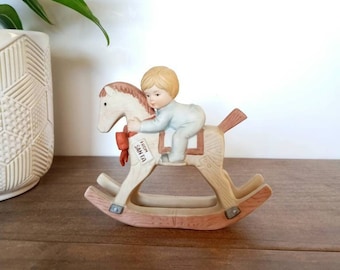 Vintage Enesco Christmas Figurine, Christmas Rocking Horse, 1983, E-0651, Little Boy on Rocking Horse, Christmas Decor, Knick Knack