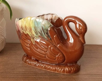 Vintage Ceramic Swan Planter, Brown Drip Glaze, Indoor Planter, Bird Planter, Succulent, Houseplant, Herb Pot, Neutral Boho Farmhouse Decor