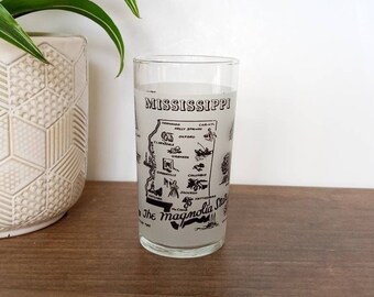 Vintage Mississippi State Souvenir Drinkglas, De Magnolia State, Frosted Glass, Staatskaart, Bezienswaardigheden, Reis souvenir, Collectible