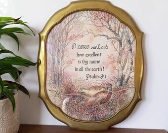 Vintage Framed Pheasant Print with Bible Verse, Psalms 8:1, Woodland Forest Scene, Country Cabin Farmhouse Decor, Fall Autumn Wall Hanging