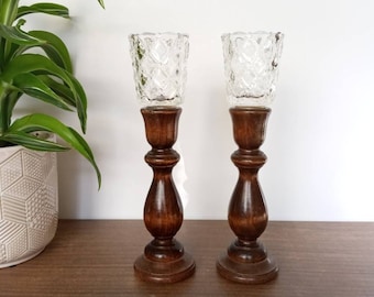 Vintage Wood Candlesticks Candleholders with Votive Cups, Set of 2, Taper Holder, Tealight Holder, Farmhouse Country Cottagecore Decor