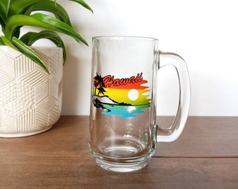 Vintage Hawaii State Souvenir Mug, Clear Glass Mug, Cup, Beach Sunset Design, Travel Souvenir, Collectible