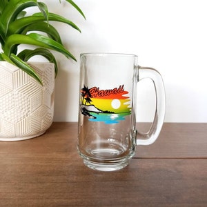 Vintage Hawaii State Souvenir Mok, Helder glas Mok, Cup, Strand Zonsondergang Design, Reizen Souvenir, Collectible afbeelding 1