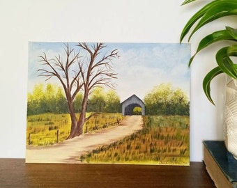 Vintage Landscape Painting of Covered Bridge and Country Road, Rural Landscape, Fall Autumn Scene, Farmhouse Decor, Country Decor, Cottage