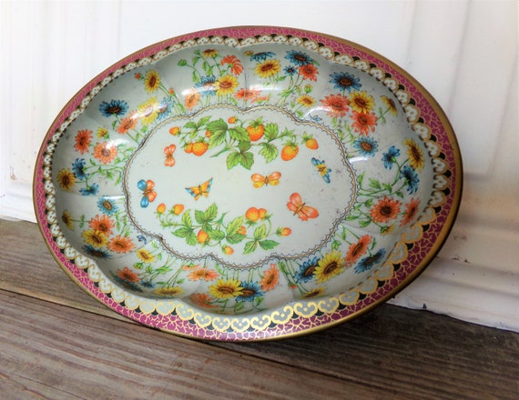 Vintage Daher Decorated Ware Oval Metal Tin Tray Bowl White Etsy