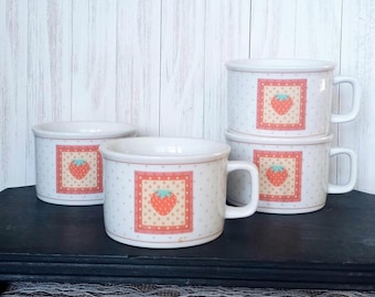 1980s Strawberry Coffee Cups,  Set of 4, Fruit Polka Dot, Soup Mugs, Oversized Mugs4 Cottagecore Kitchen Decor