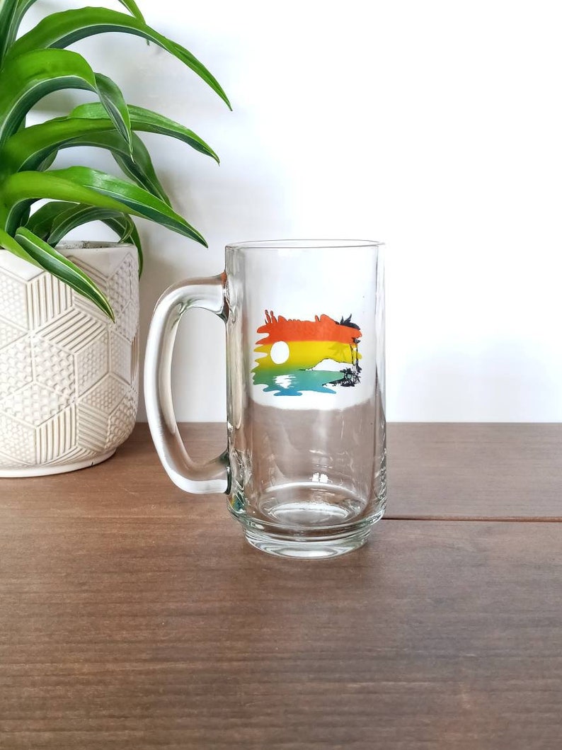 Vintage Hawaii State Souvenir Mok, Helder glas Mok, Cup, Strand Zonsondergang Design, Reizen Souvenir, Collectible afbeelding 2