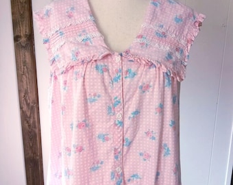 Vintage Button Up House Dress, 100% Cotton, Sleeveless, Pink Blue Floral Check, Size Large