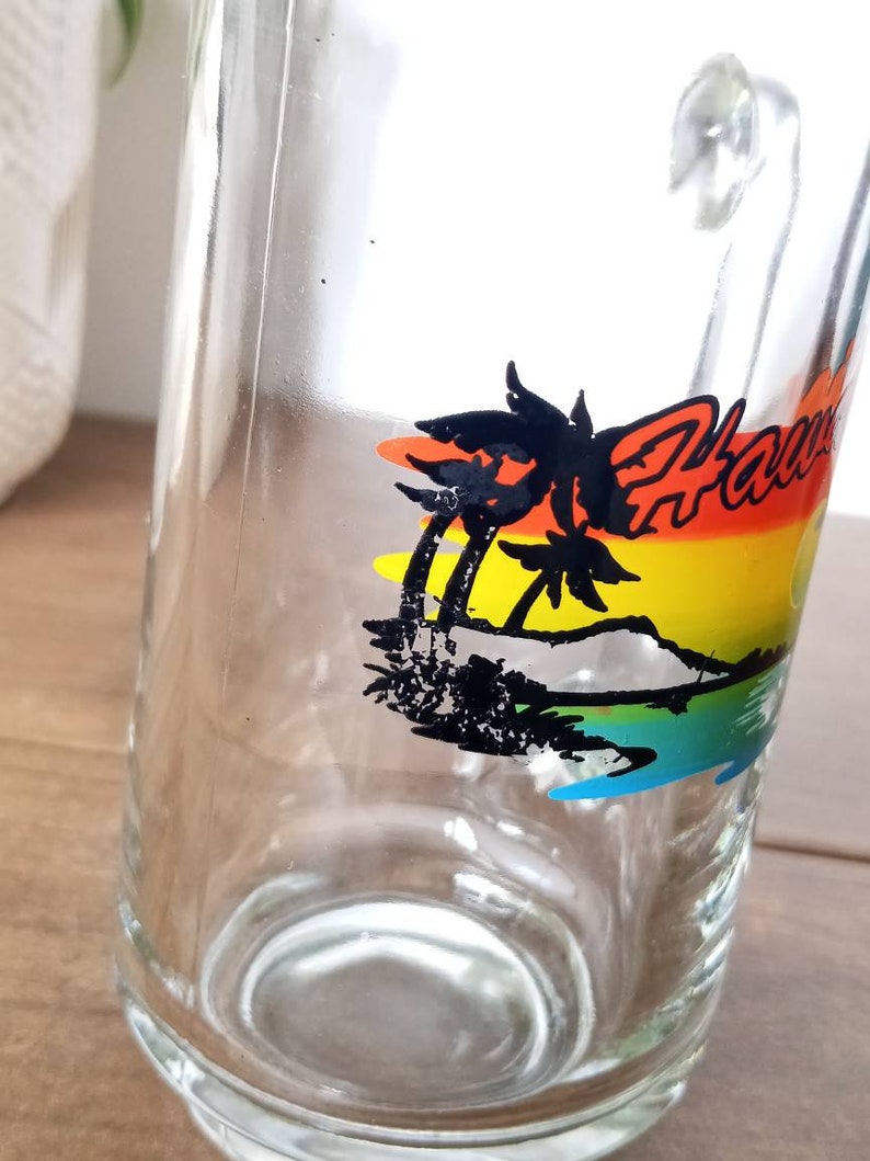 Vintage Hawaii State Souvenir Mok, Helder glas Mok, Cup, Strand Zonsondergang Design, Reizen Souvenir, Collectible afbeelding 5