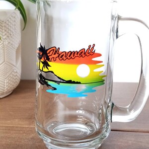 Vintage Hawaii State Souvenir Mok, Helder glas Mok, Cup, Strand Zonsondergang Design, Reizen Souvenir, Collectible afbeelding 6