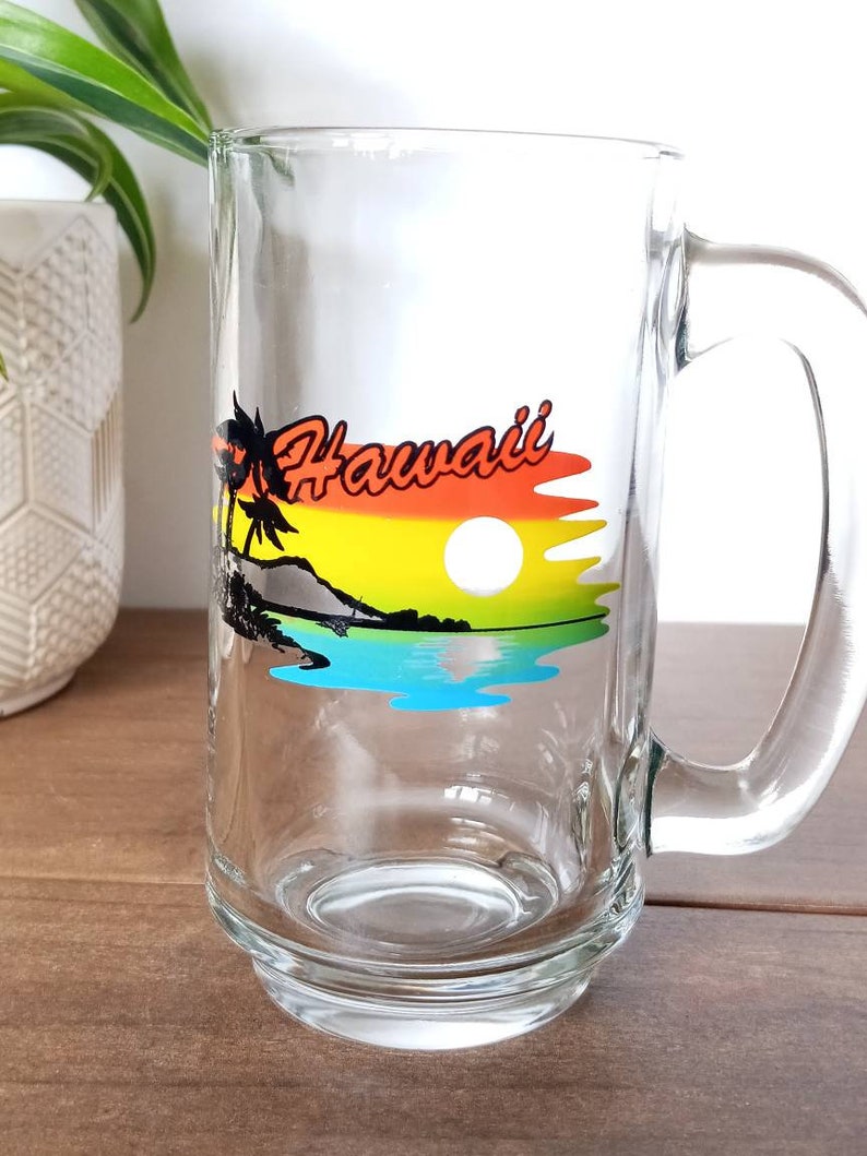 Vintage Hawaii State Souvenir Mok, Helder glas Mok, Cup, Strand Zonsondergang Design, Reizen Souvenir, Collectible afbeelding 6