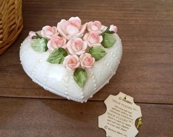 Vintage Heart Shaped Jolie Fleurs Bone China Trinket Box, Jewelry Box, White with Pink Roses, Gift for Her, Mother&#39;s Day Gift, Birthday Gift