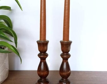 Vintage Turned Wood Candlesticks: Rustic Farmhouse Spindle Taper Holders, Country Cottage Decor (Set of 2)