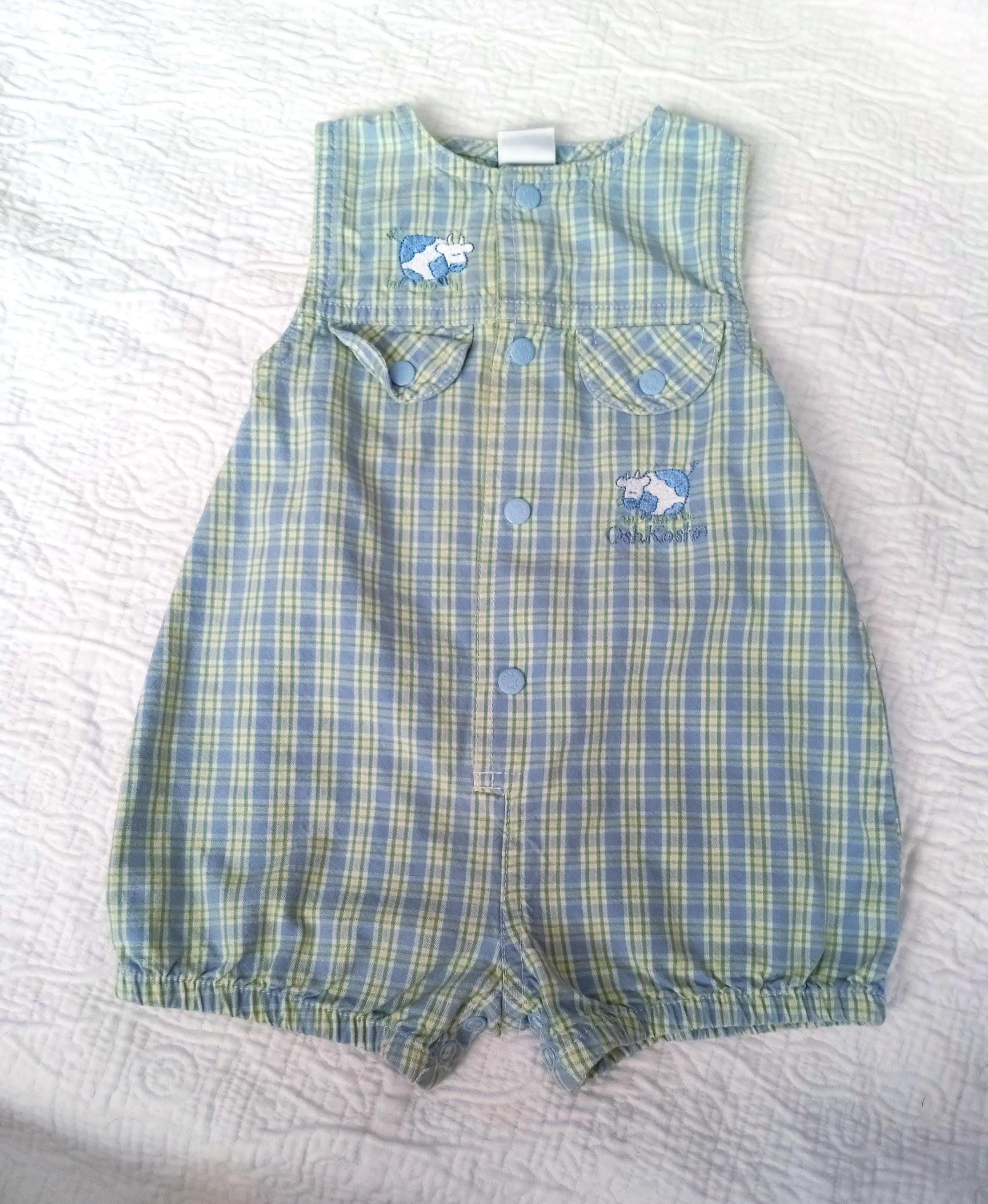 Vintage Plaid Boys Romper, Baby Osh Kosh B'Gosh, Blue and Green Cow Shortall, Summer One Piece Outfit, 3-6 months