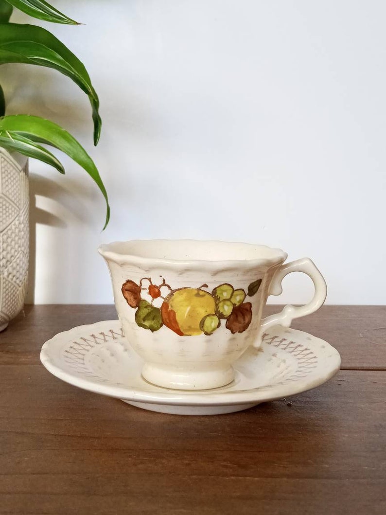 Vintage Cup and Saucer Sets, Teacups, Coffee Mugs, Fruit Basket, Vernon Ware by Metlox, California Pottery, Farmhouse Kitchen, Cottagecore image 3