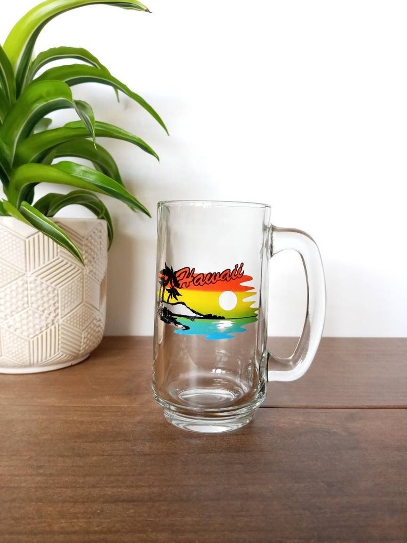 Vintage Hawaii State Souvenir Mok, Helder glas Mok, Cup, Strand Zonsondergang Design, Reizen Souvenir, Collectible afbeelding 1