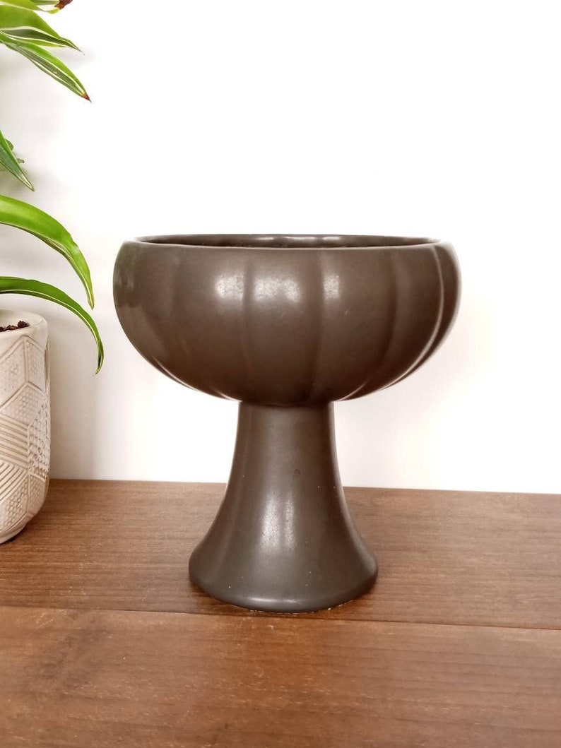 Vintage Dark Grey Pedestal Planter, Vase, Indoor Plant Pot,, Footed Planter, Mid Century, Modern Minimalist, Halloween Decor, Fall Autumn image 1