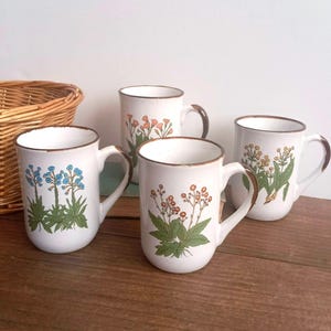 Vintage Speckled Stoneware Mugs, Floral Coffee Cups, Brown White Otagiri Style, Made in Korea, Set of 4, Cottagecore, Farmhouse