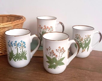 Vintage Speckled Stoneware Mugs, Floral Coffee Cups, Brown White Otagiri Style, Made in Korea, Set of 4, Cottagecore, Farmhouse