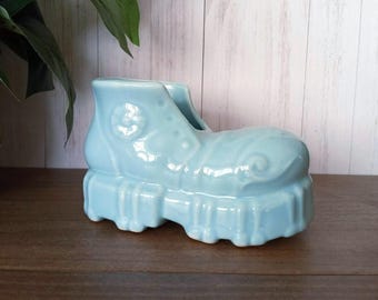 Vintage Light Blue Baby Shoe Ceramic Planter, Nursery Decor