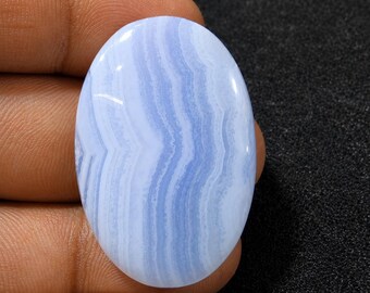 Cabochão oval de ágata rendada azul natural, gema polida para fabricação de joias (35x24x6mm)