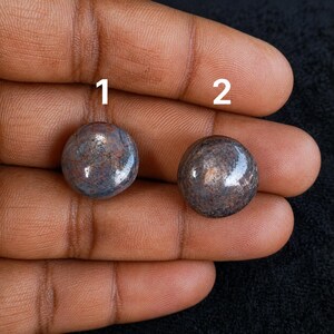 Può includere: Due pietre preziose cabochon rotonde e levigate con un aspetto scuro e maculato caratterizzato da sfumature di blu, grigio e marrone. Le pietre sono contrassegnate dai numeri 1 e 2 in bianco, mostrando una superficie liscia e riflettente.