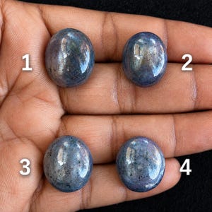 Könnte beinhalten: Vier oval geschliffene, blaue Saphir-Cabochons, die mit den Zahlen 1, 2, 3 und 4 beschriftet sind. Jeder Edelstein hat eine glatte, abgerundete Oberfläche in tiefblauen und grauen Tönen mit natürlichen Einschlüssen und einem glänzenden Finish.