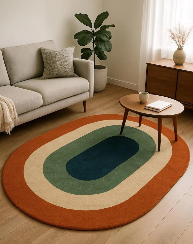 Retro Oval Area Rug, Mid Century Modern, Multicolor Carpet - Etsy