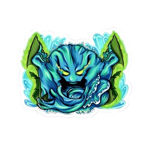 May include: A sticker featuring a blue creature with yellow eyes and a menacing expression. The creature is surrounded by water and green accents, giving it a dynamic and aquatic theme. The sticker has a white border.